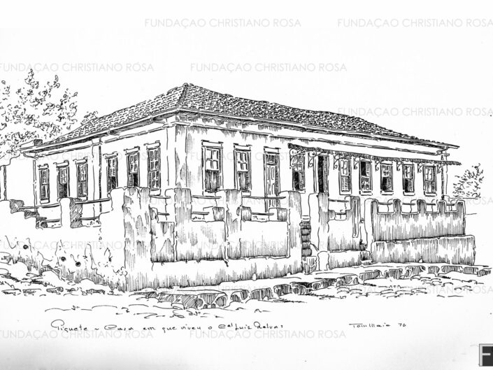 Desenho da antiga residência da família Relvas. Desenho a bico de pena de Tom Maia.