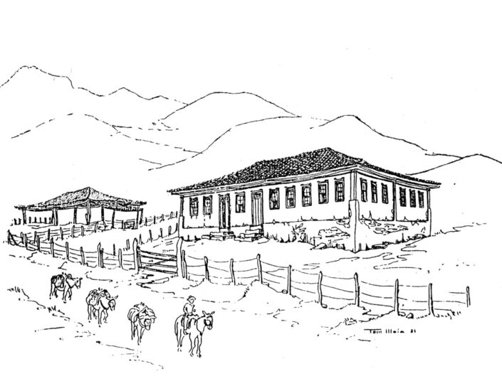 Desenho da antiga residência da família Relvas, tendo ao fundo um rancho para tropas. Desenho a bico de pena de Tom Maia.