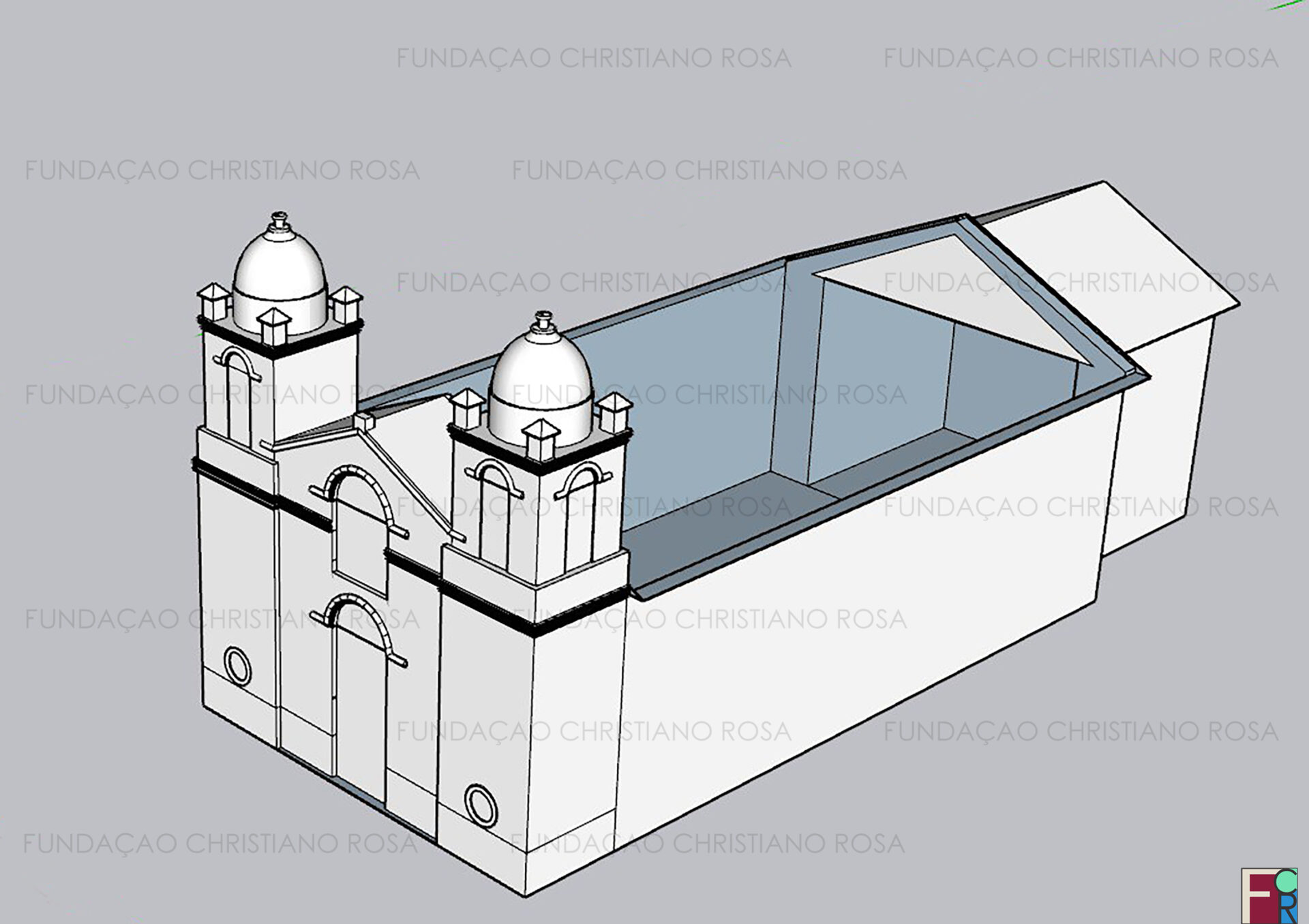 Desenho 3D da Antiga Matriz de São Miguel, atual Igreja de São Miguel e Almas, em Piquete, SP. Vista da nave e do altar mor da Antiga Matriz de São Miguel, a partir do coro. Desenho em 3D de Rennan Cândido e Fernanda Carvalho.