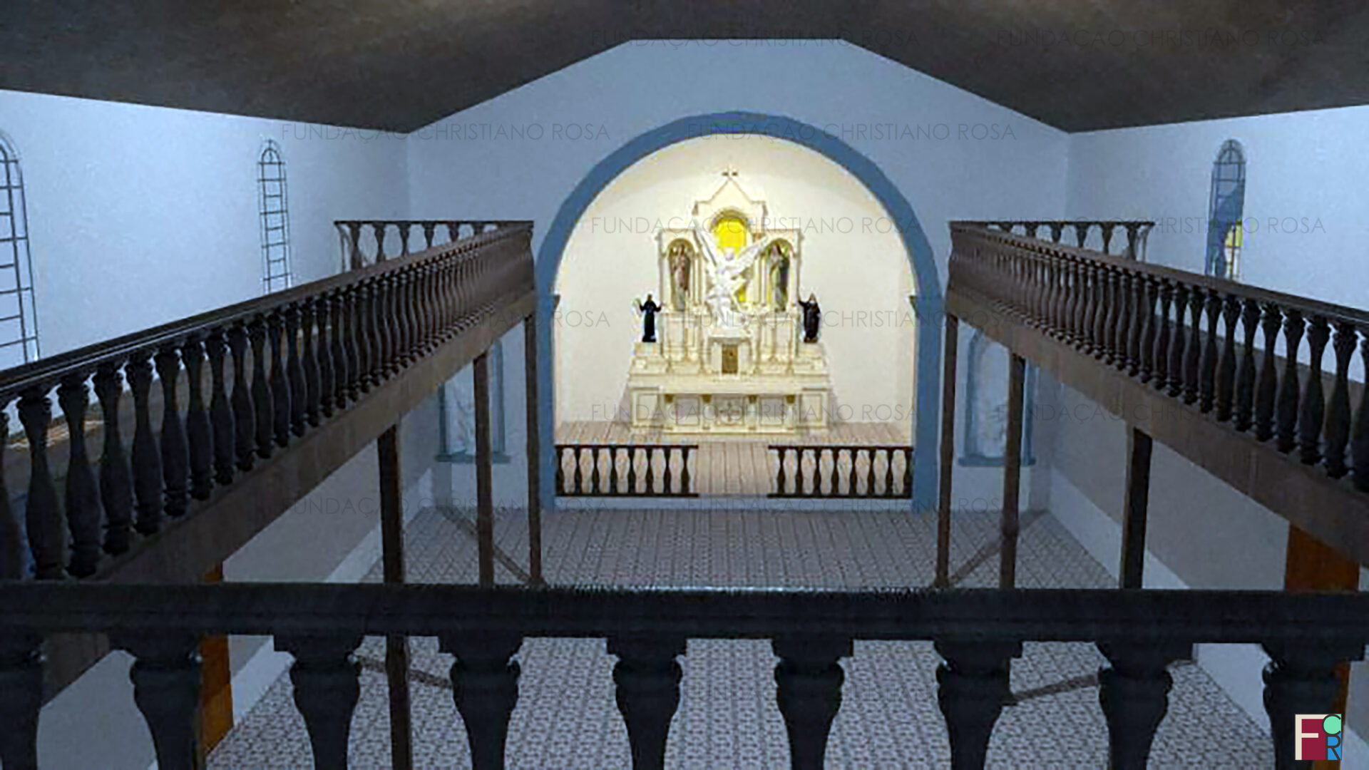 Vista da nave e do altar mor da Antiga Matriz de São Miguel, a partir do coro. Desenho em 3D de Rennan Cândido e Fernanda Carvalho baseado em desenho de Carlos Vieira Soares.
