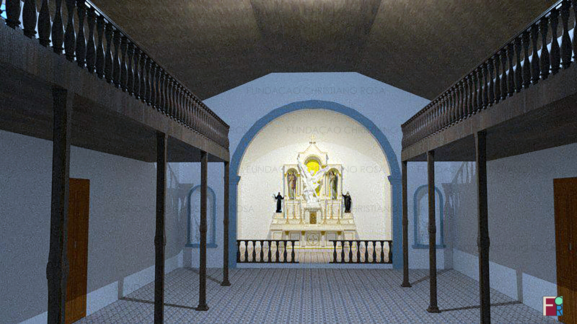 Interior da Antiga Matriz de São Miguel em que se vê o Altar Mor, o Arco Cruzeiro e as galerias laterais. Desenho em 3D de Rennan Cândido e Fernanda Carvalho baseado em desenho de Carlos Vieira Soares.