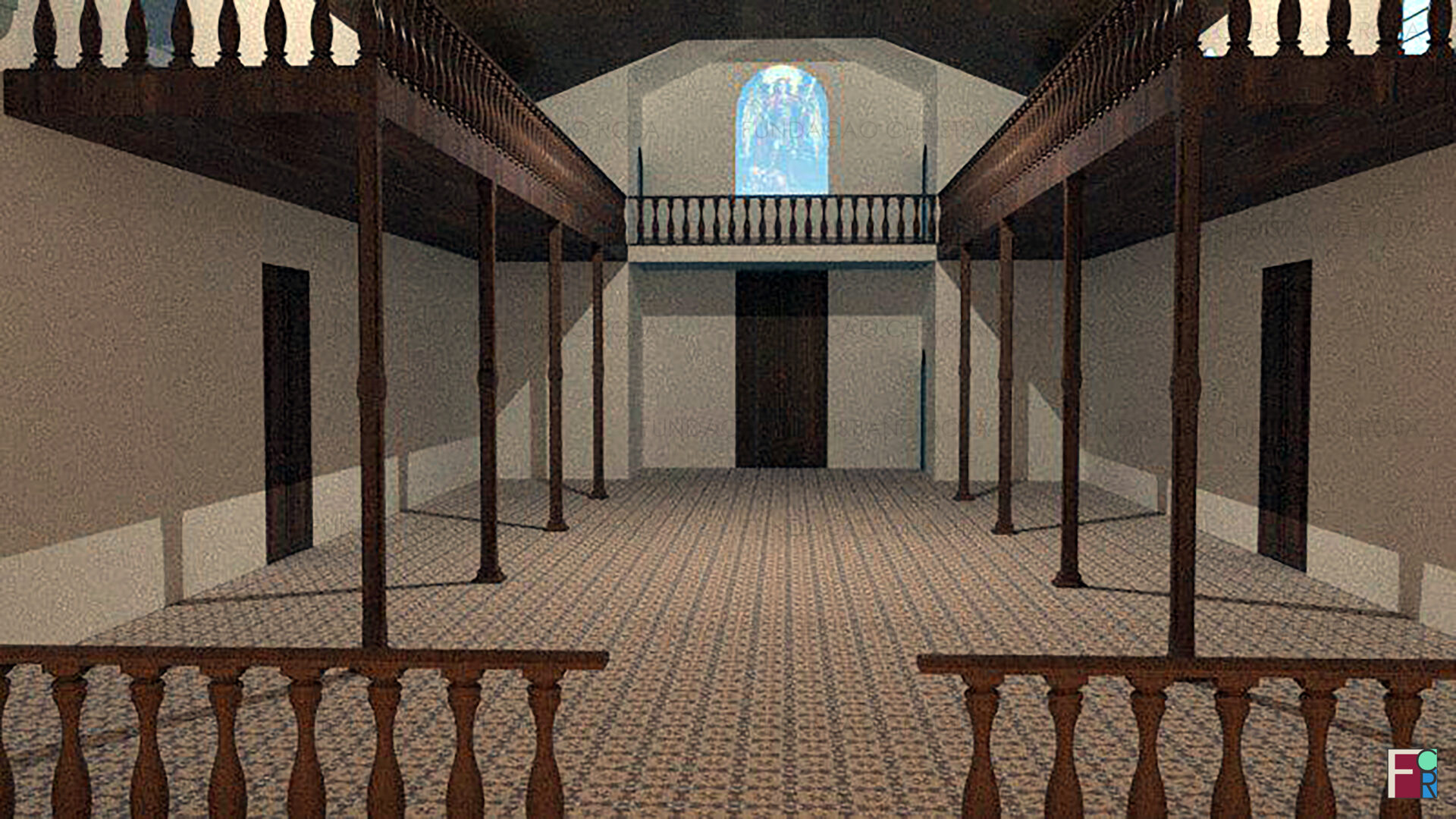 Interior da Antiga Matriz de São Miguel em que se vê o coro, na parte de cima da entrada da igreja. Desenho em 3D de Rennan Cândido e Fernanda Carvalho baseado em desenho de Carlos Vieira Soares.