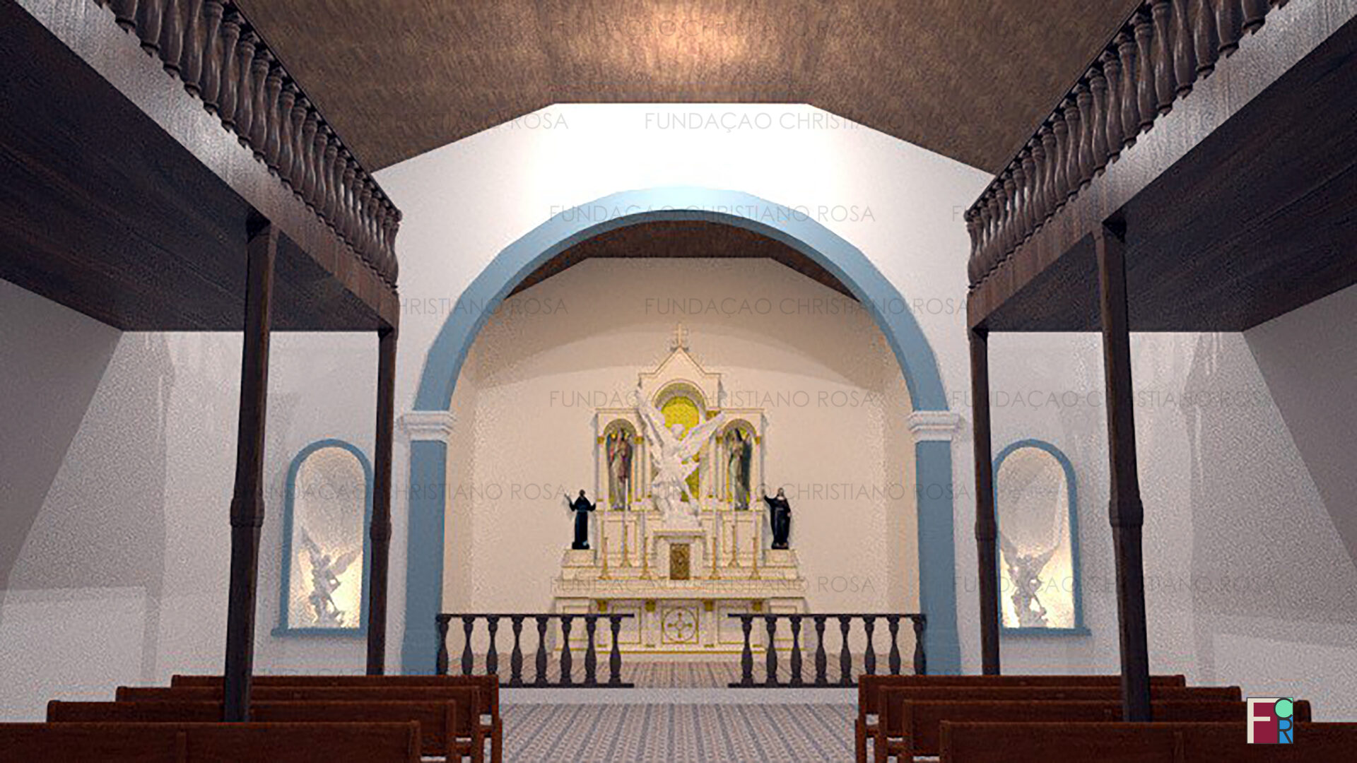Interior da Antiga Matriz de São Miguel em que se vê o Altar Mor, o Arco Cruzeiro e as galerias laterais. Desenho em 3D de Rennan Cândido e Fernanda Carvalho baseado em desenho de Carlos Vieira Soares.