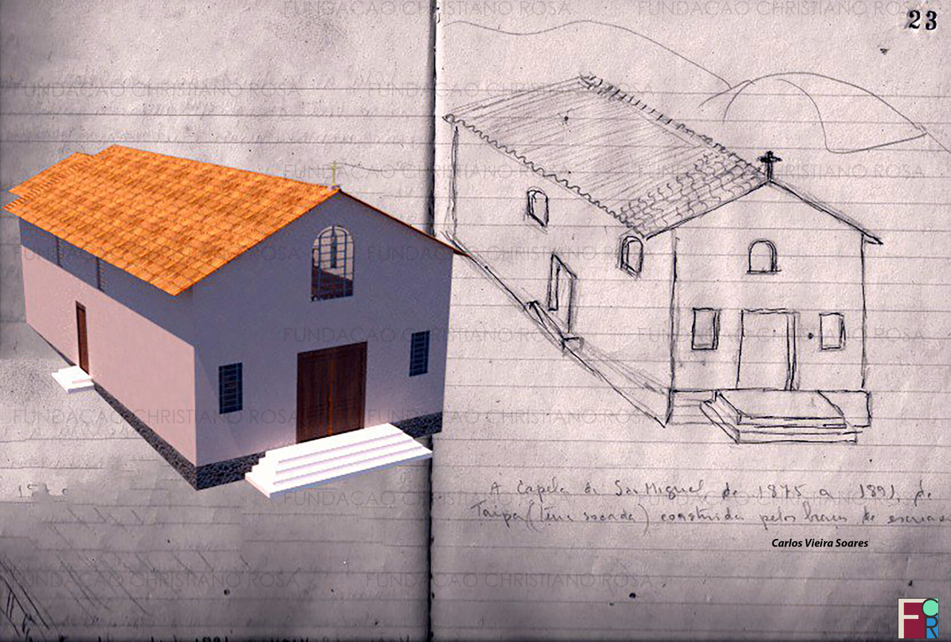 Desenho que mostra a Antiga Matriz de São Miguel na condição em que seria quando de sua construção, em 1875. Desenho de Carlos Vieira Soares. Desenho em 3D de Rennan Cândido e Fernanda Carvalho.