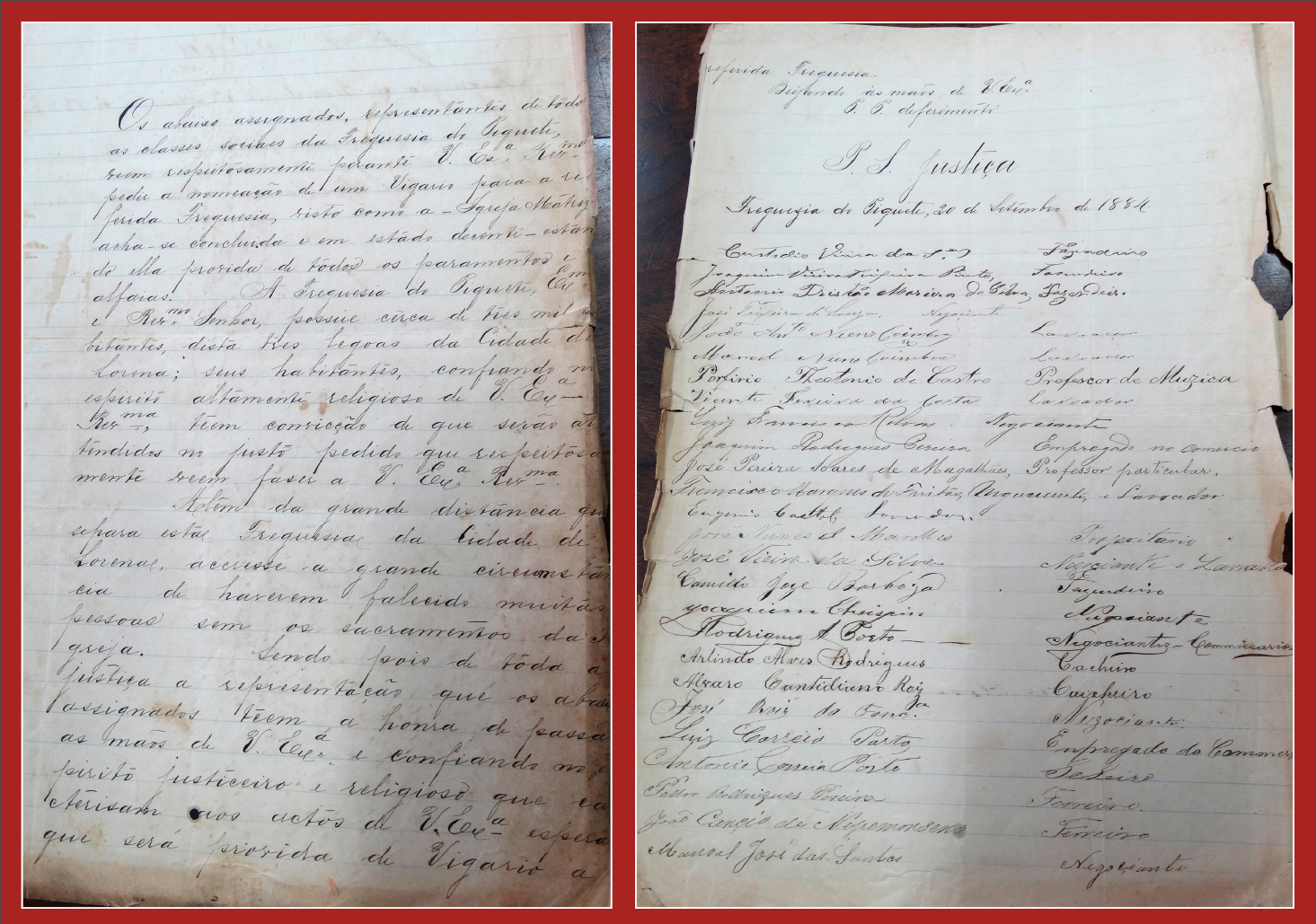 Páginas 01 e 02 do abaixo assinado de 20 de setembro de 1884, que pedia a vinda de um padre para a Paróquia de São Miguel, na Vila Vieira do Piquete.