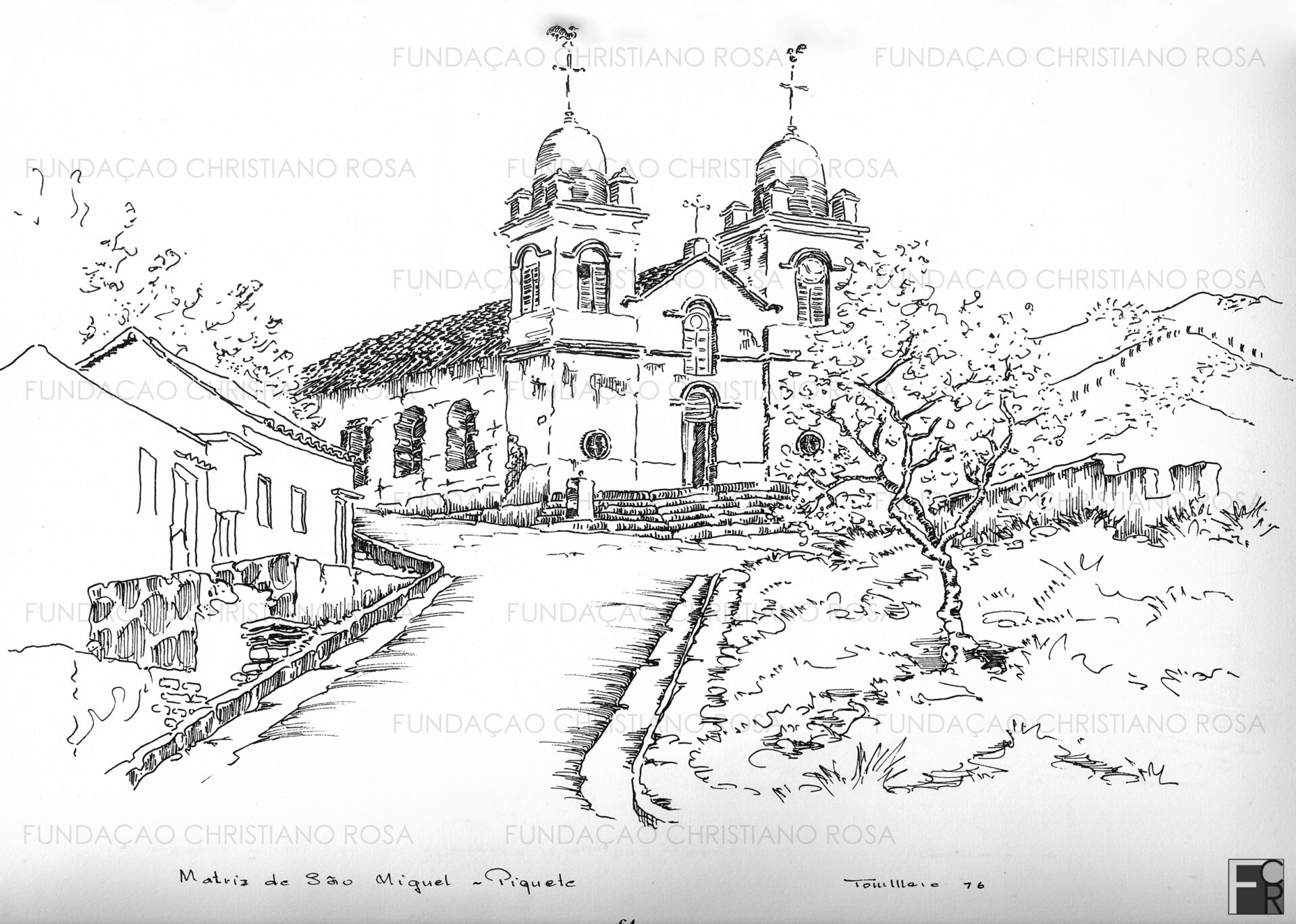Desenho a bico de pena de Tom Maia da Antiga Matriz de São Miguel e Almas, atual Igreja de São Miguel e Almas.
