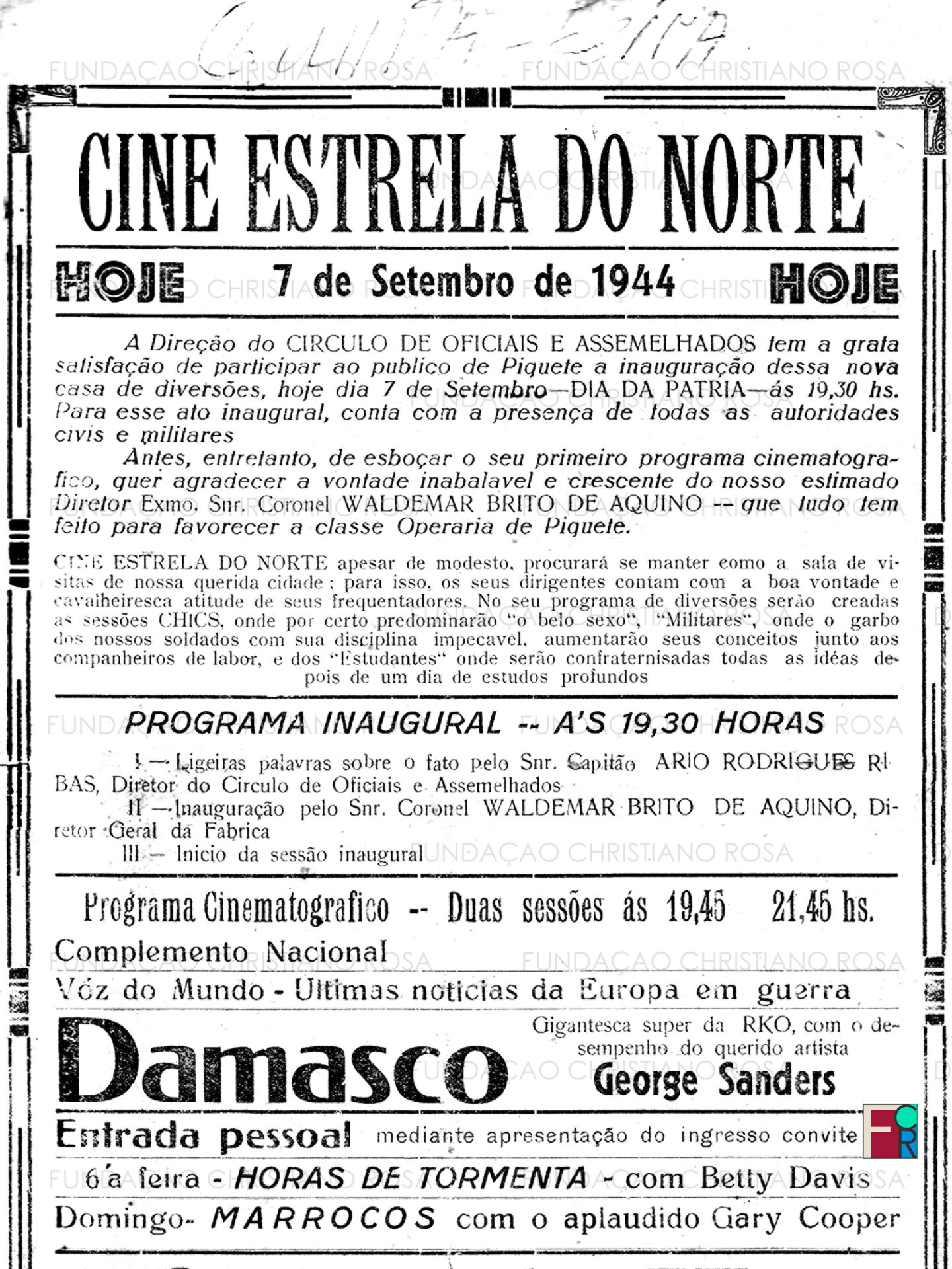 Programa da inauguração do Cine Estrela do Norte há 80 anos, em 7 de setembro de 1944.