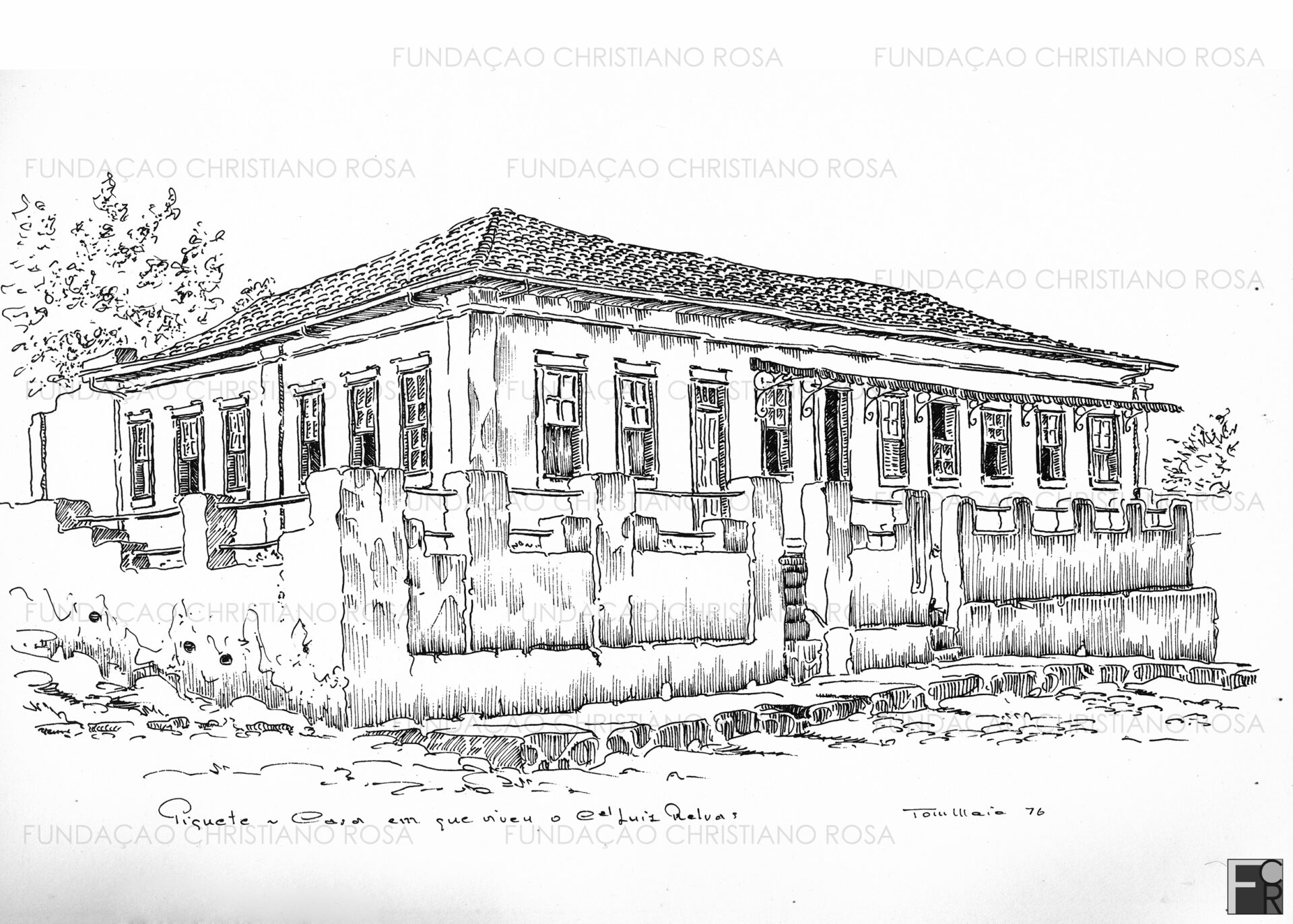 Desenho da antiga residência da família Relvas. Desenho a bico de pena de Tom Maia.