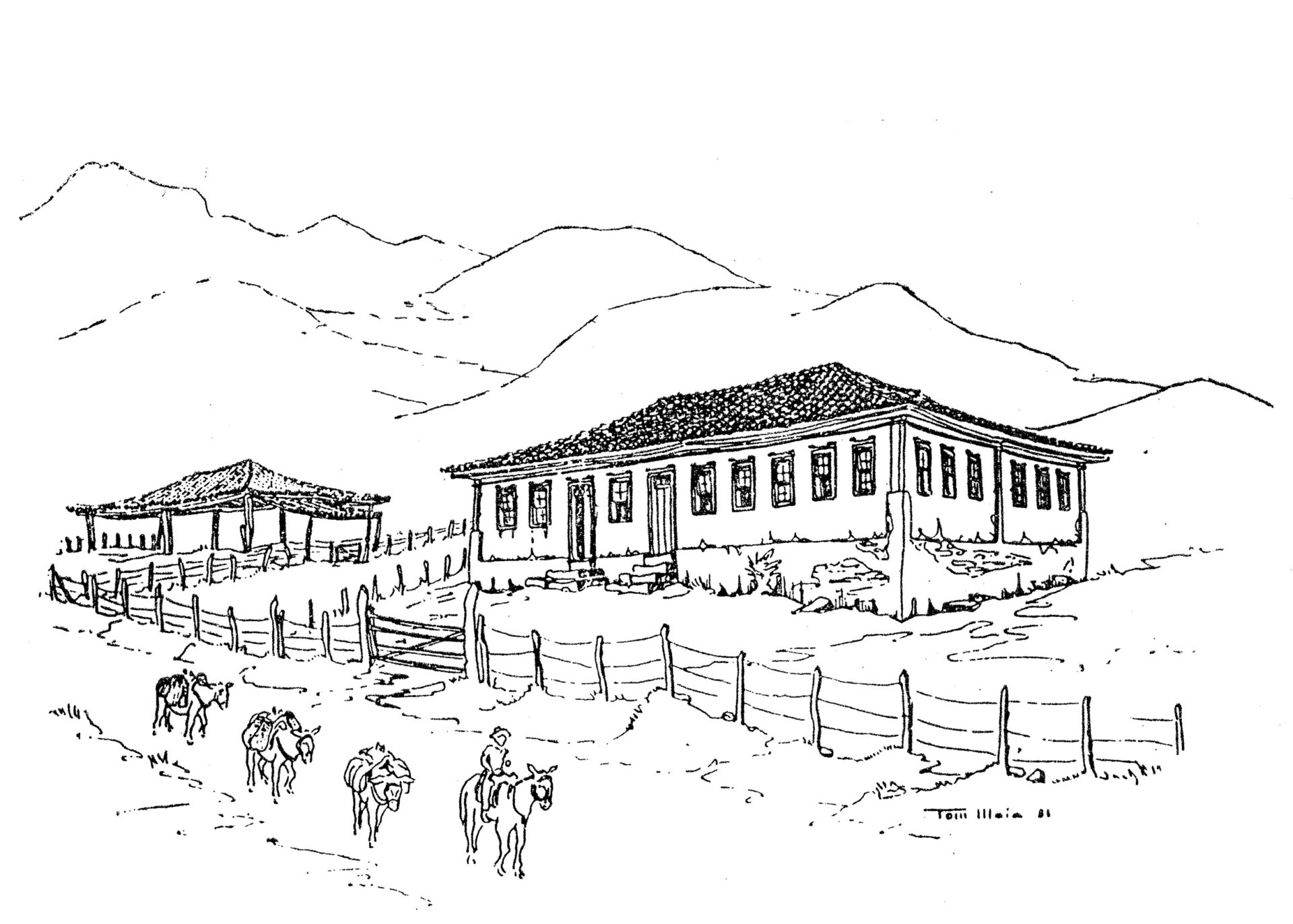 Desenho da antiga residência da família Relvas, tendo ao fundo um rancho para tropas. Desenho a bico de pena de Tom Maia.