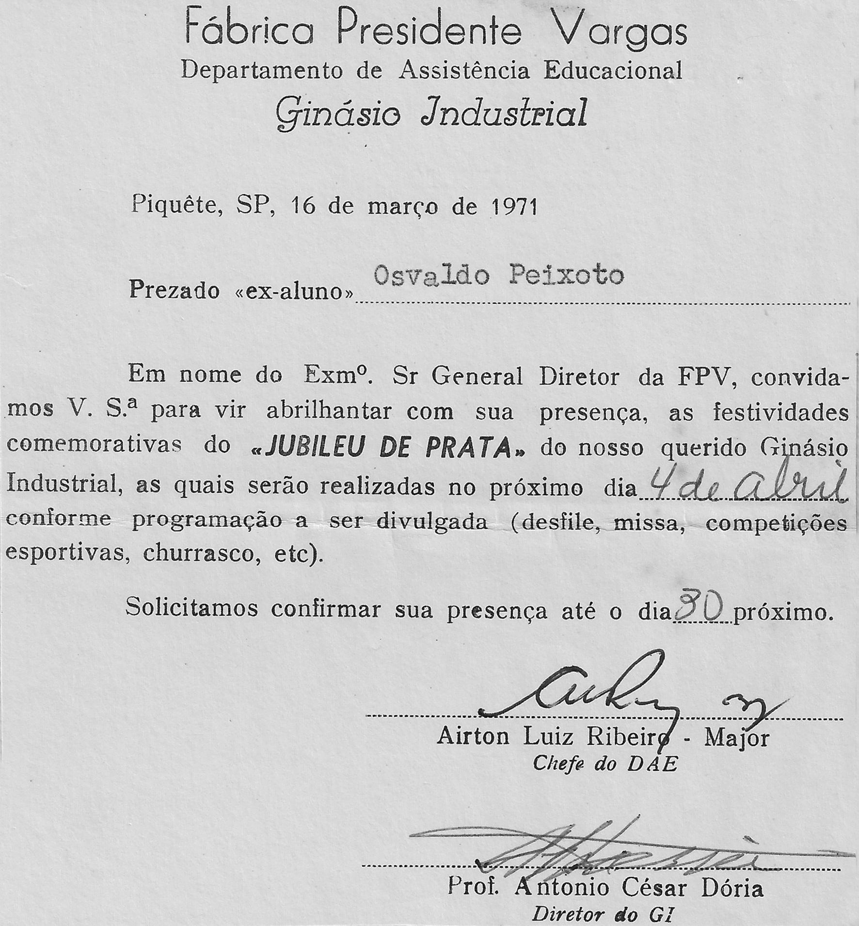 Convite para as festividades do Jubileu de Prata da Escola Industrial da FPV.