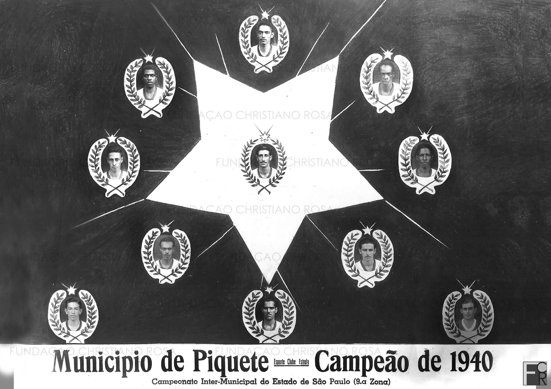 Montagem feita por Carlos Vieira Soares com os jogadores do Estrela em 1940. Equipe campeã do Campeonato Intermunicipal do Estado de São Paulo, o (9ª Zona): Pisca (centro); nas posições do relógio, em sentido horário: Gerdi (goleiro), Luiz de Barros, Gonçalves, Fernando, Mangabeira, Clementino, Peixe, Chico Preto. À esquerda, Orlando Siriri e à direita Berné.