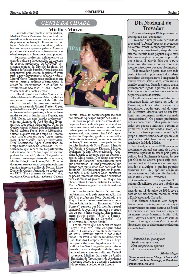 Página 03 do informativo O ESTAFETA, edição 174, com a coluna Gente da Cidade em que Myrthes foi homenageda, em julho de 2011.
