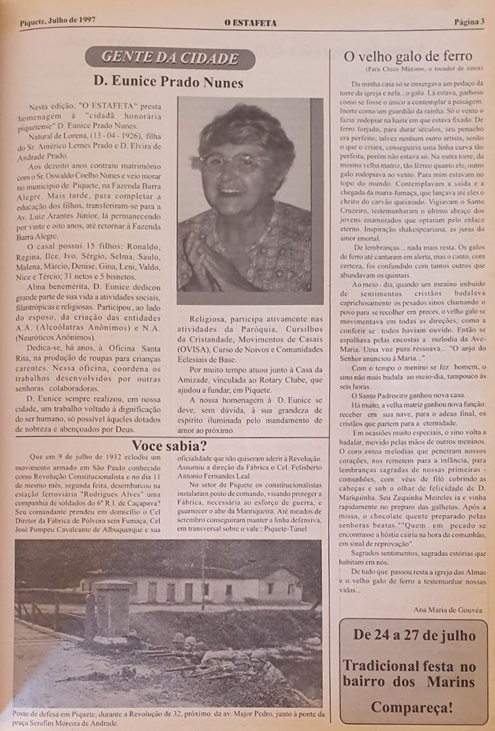 Reprodução da página do informativo O ESTAFETA, edição nº 06, de Julho de 1997, com a coluna Gente da Cidade em que D. Eunice Prado Nunes foi homenageada.