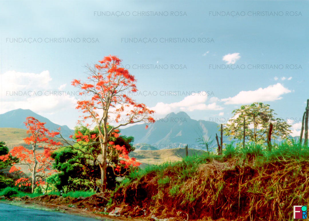 Vista do Pico dos Marina a partir da entrada de Piquete, SP. Foto de Alzira Beckmann, de 1999. Uma foto do mesmo local, no mesmo dia, em outro ângulo, foi usada como capa de agenda impressa pela Fundação Christiano Rosa para o ano 2000.
