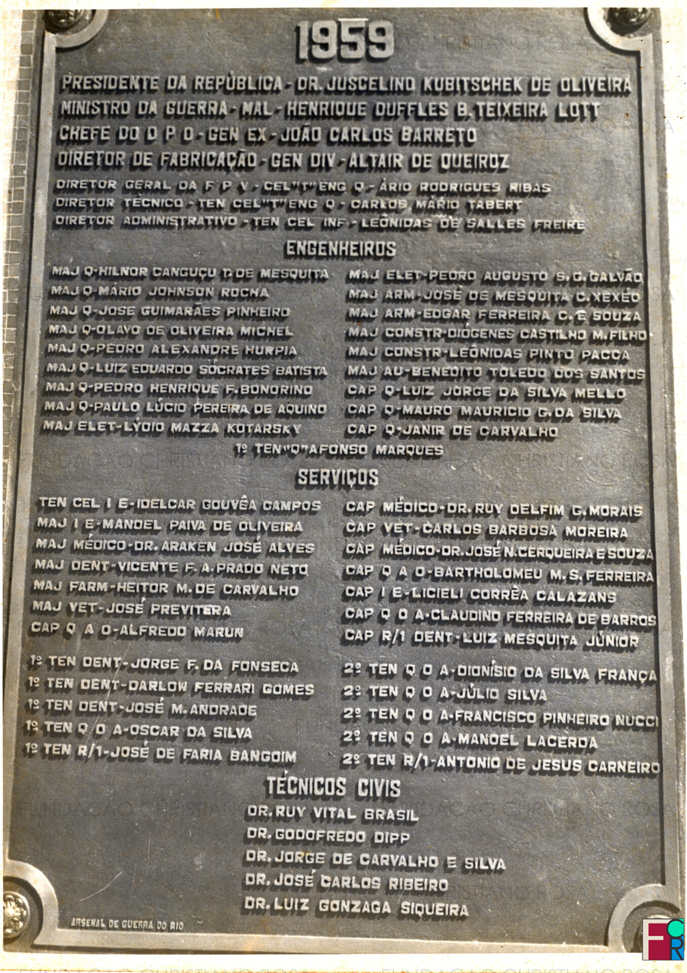 Placa instalada no Memorial do Cinquentenário da FPV, com os nomes dos oficiais e técnicos civis que atuavam naquela indústria naquele ano de 1959.