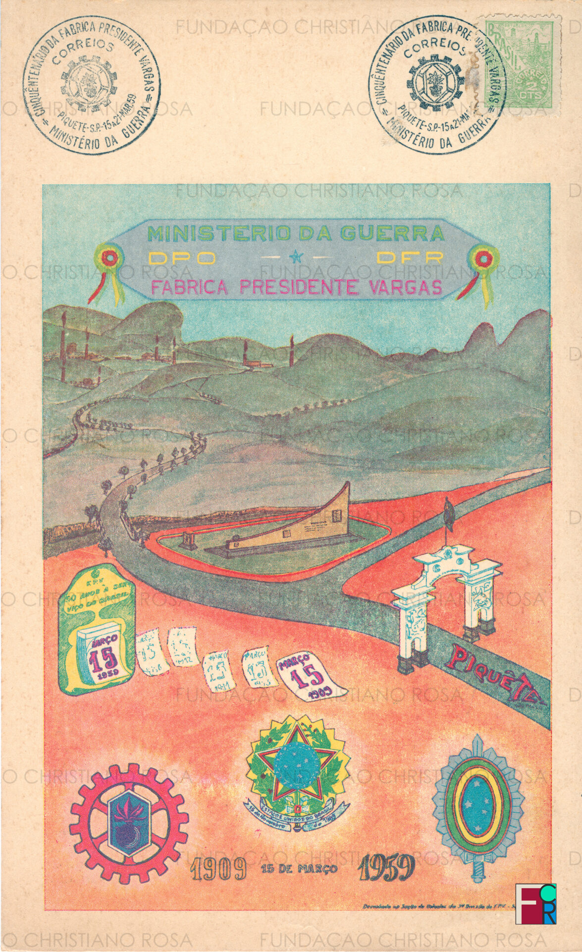 Álbum com carimbo comemorativo lançado quando do cinquentenário da FPV. Na ilustração, ficam registrados o Pórtico e o Marco do Cinquentenário da PV, que tem ao lado a obra Caramuru, que completa o conjunto.