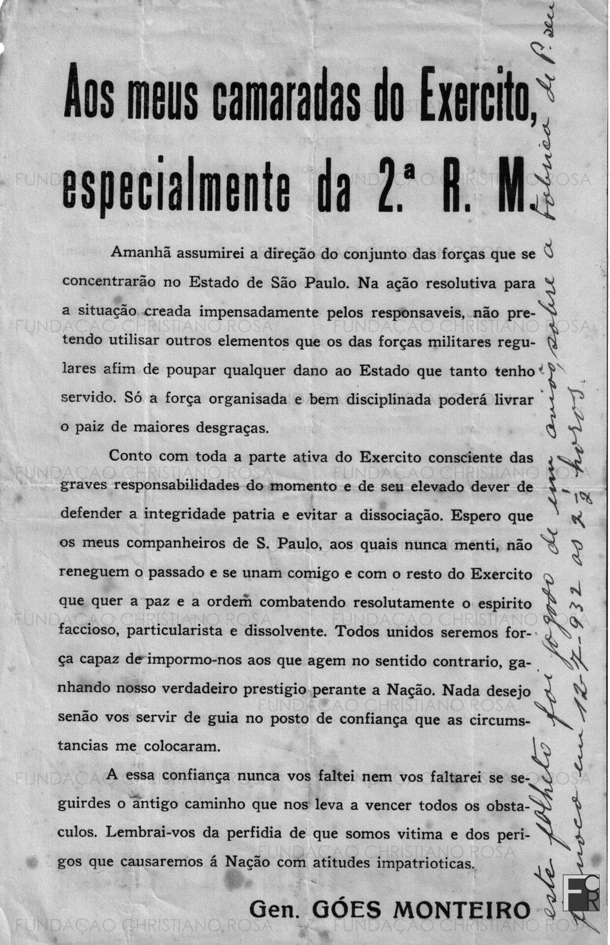 Folheto jogado de um avião ditatorial (“vermelhinho”) sobre a Fábrica de Pólvora sem Fumaça, em Piquete, SP, às 14h30 min do dia 12 de setembro de 1932.