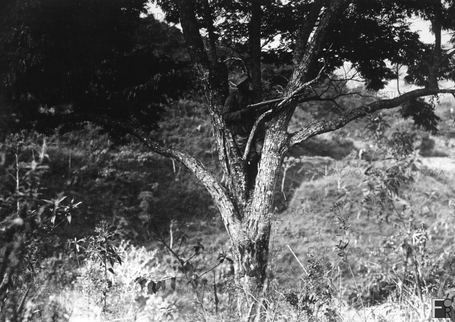 Sentinela avançada, no Córrego Fundo, em área da Fábrica de Pólvora sem Fumaça, em Piquete, SP. “Sentinela Avançada observa um dos setores de Piquete” – Foto cujo original se encontra no acervo do Museu da Imagem e do Som (MIS), em São Paulo, SP.