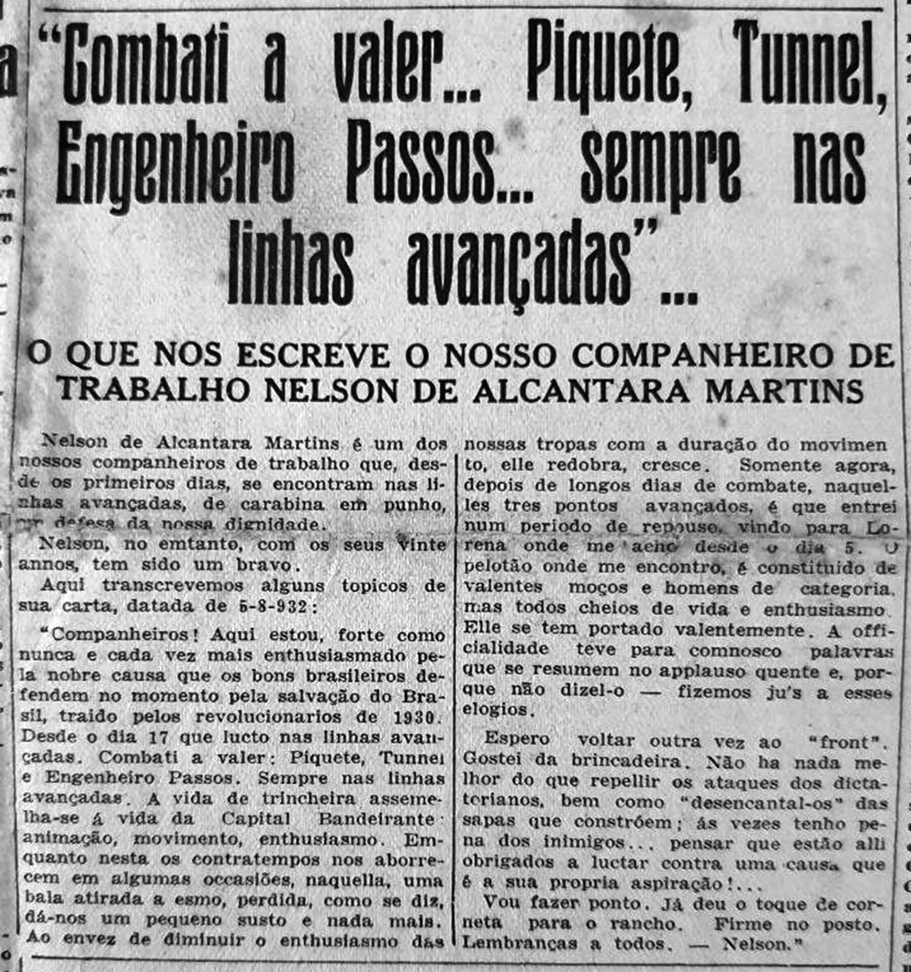 Recorte da primeira página do jornal “A Gazeta”, edição nº 7.960, de 8 de agosto de 1932.