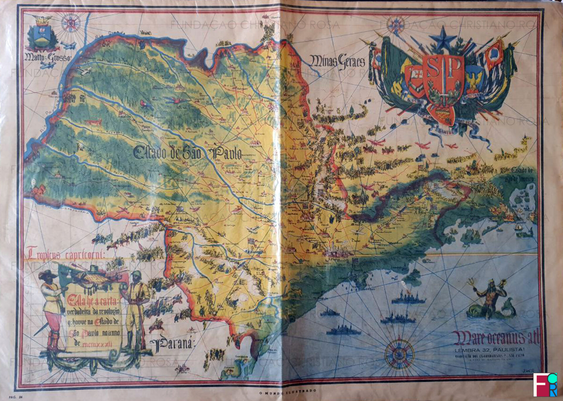 Mapa do estado de São Paulo, encarte da revista “O Mundo Ilustrado”, que retrata as frentes de batalha espalhadas pelo estado. Trabalho de autoria de José Wasth Rodrigues.