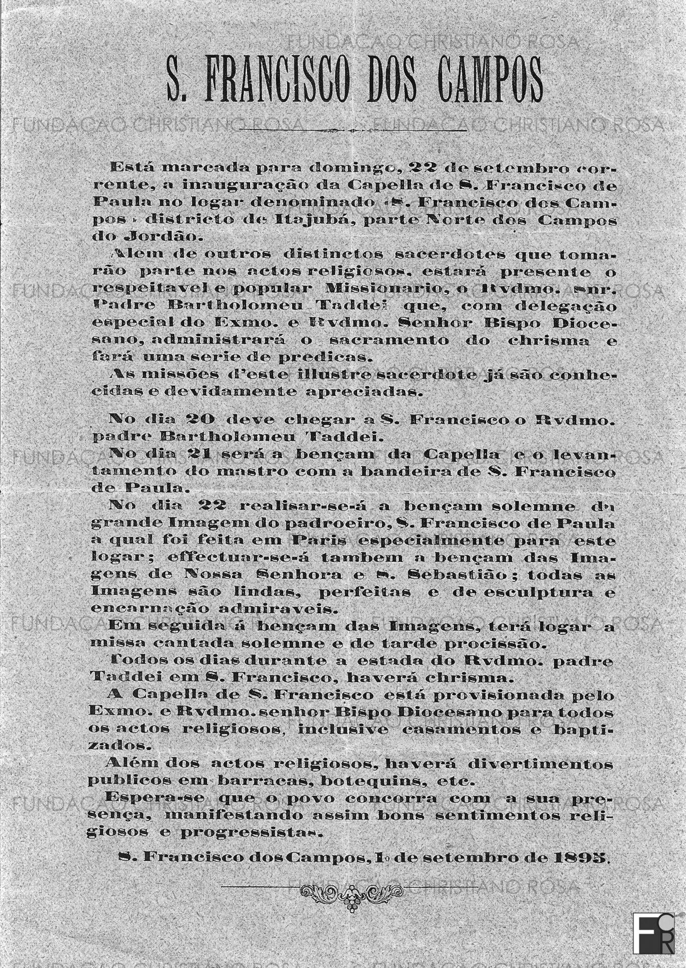 Panfleto de 01 de Setembro de 1893 convidando para a inauguração da “Capella de S. Francisco de Paula, no lugar denominado São Francisco dos Campos do Jordão.